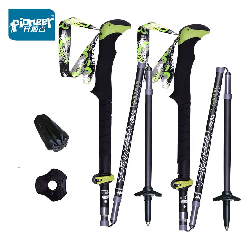2pcs PIONEER 탄소 섬유 접이식 워킹 스틱 5 섹션 조정 가능한 Alpenstocks 야외 하이킹 등산