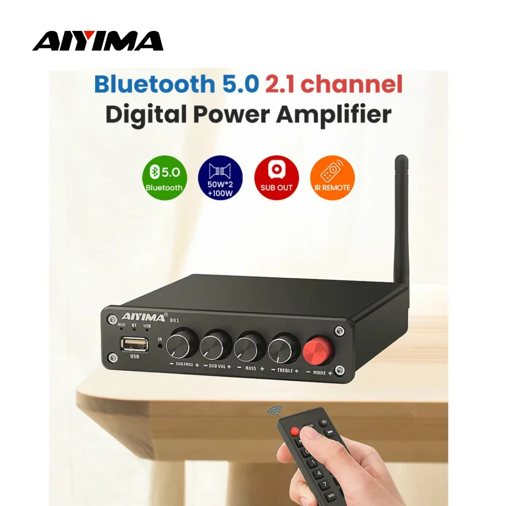 AIYIMA B01 Bluetooth 전력 증폭기 2.1 사운드 Amplificador 스피커 홈 오디오 앰프 A03 TPA3116 서브 우퍼 증폭기 50Wx2 + 100W