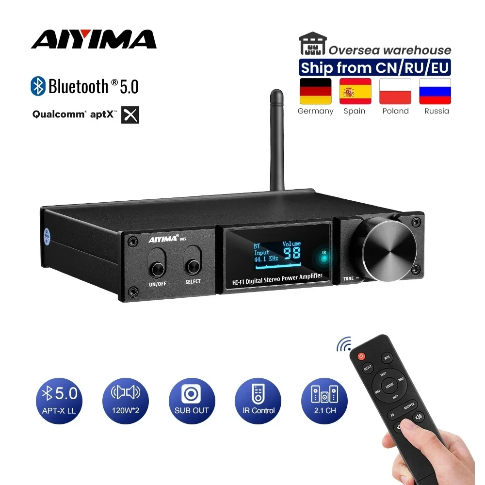 AIYIMA D05 Bluetooth 5.0 전력 증폭기 120Wx2 사운드 Amplificador 서브우퍼 증폭기 USB DAC OLED APTX 2.1 홈 시어터