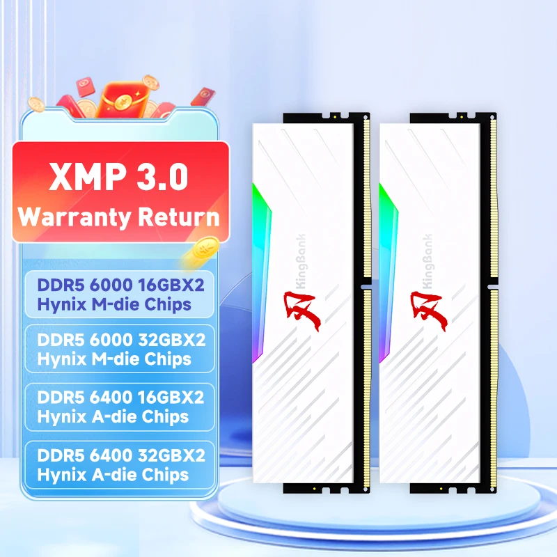KingBank DDR5 흰색 하이닉스 칩 RGB RAM 메모리 DDR5 RAM PC 데스크탑용 16GB 32GB 64GB 6000MHz 6400 MHz RAM