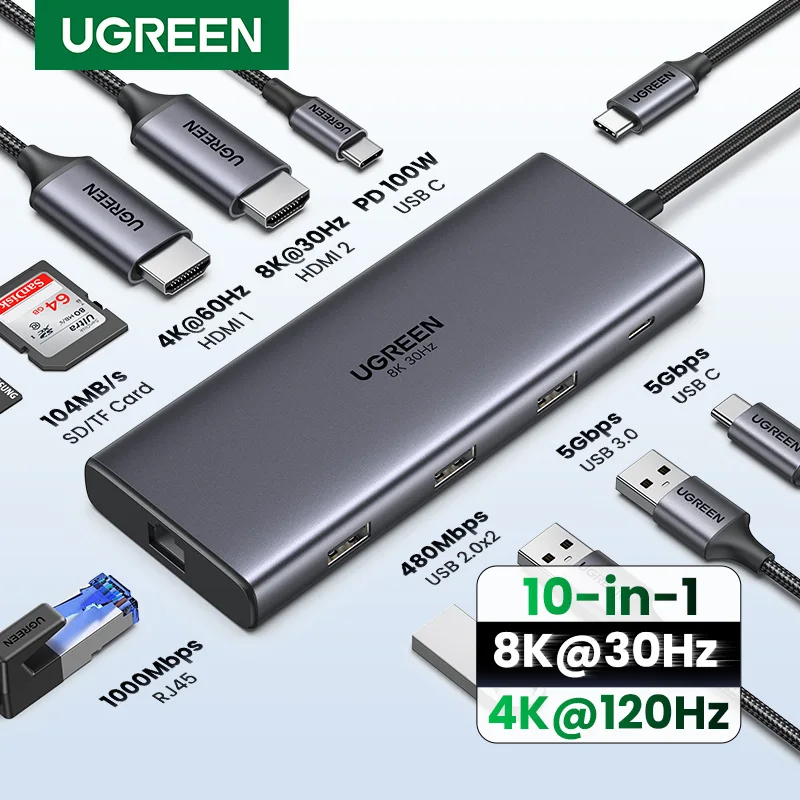 UGREEN 듀얼 HDMI USB-C 허브 8K 4K HDMI 어댑터 MacBook Pro Air 노트북 USB 허브용 RJ45 USB3.0 PD 100W 도크가 포함된 10 in 1 분배기