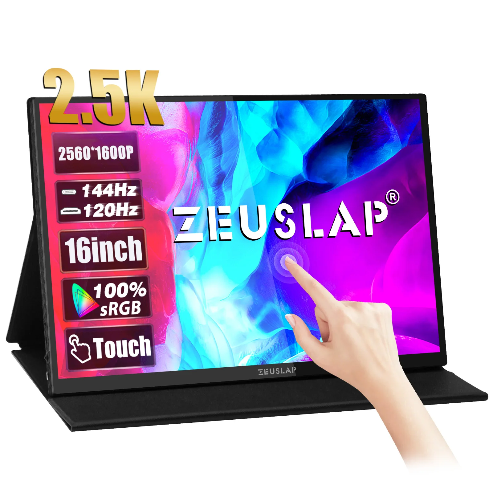 ZEUSLAP 16" 2.5K 144hz 터치 스크린 휴대용 모니터 2560*1600 100%sRGB 500Cd/m² 노트북 컴퓨터용 여행용 디스플레이