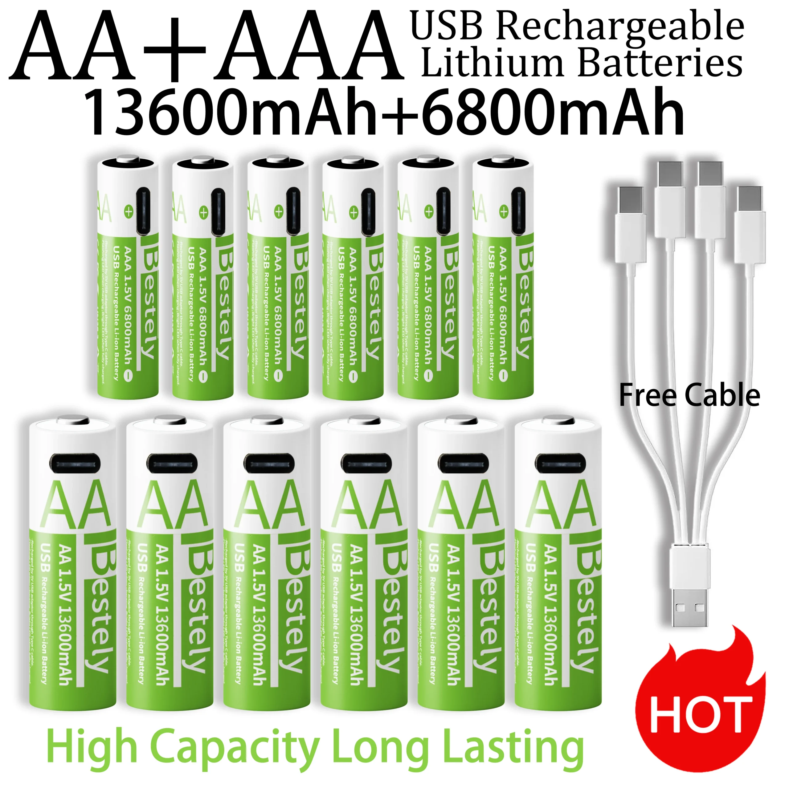새로운 1.5V AA 13600mAh+AAA 6800mAh 충전식 리튬 배터리 무료 USB-C 케이블로 고속 충전 리튬 이온 배터리 2000 사이클